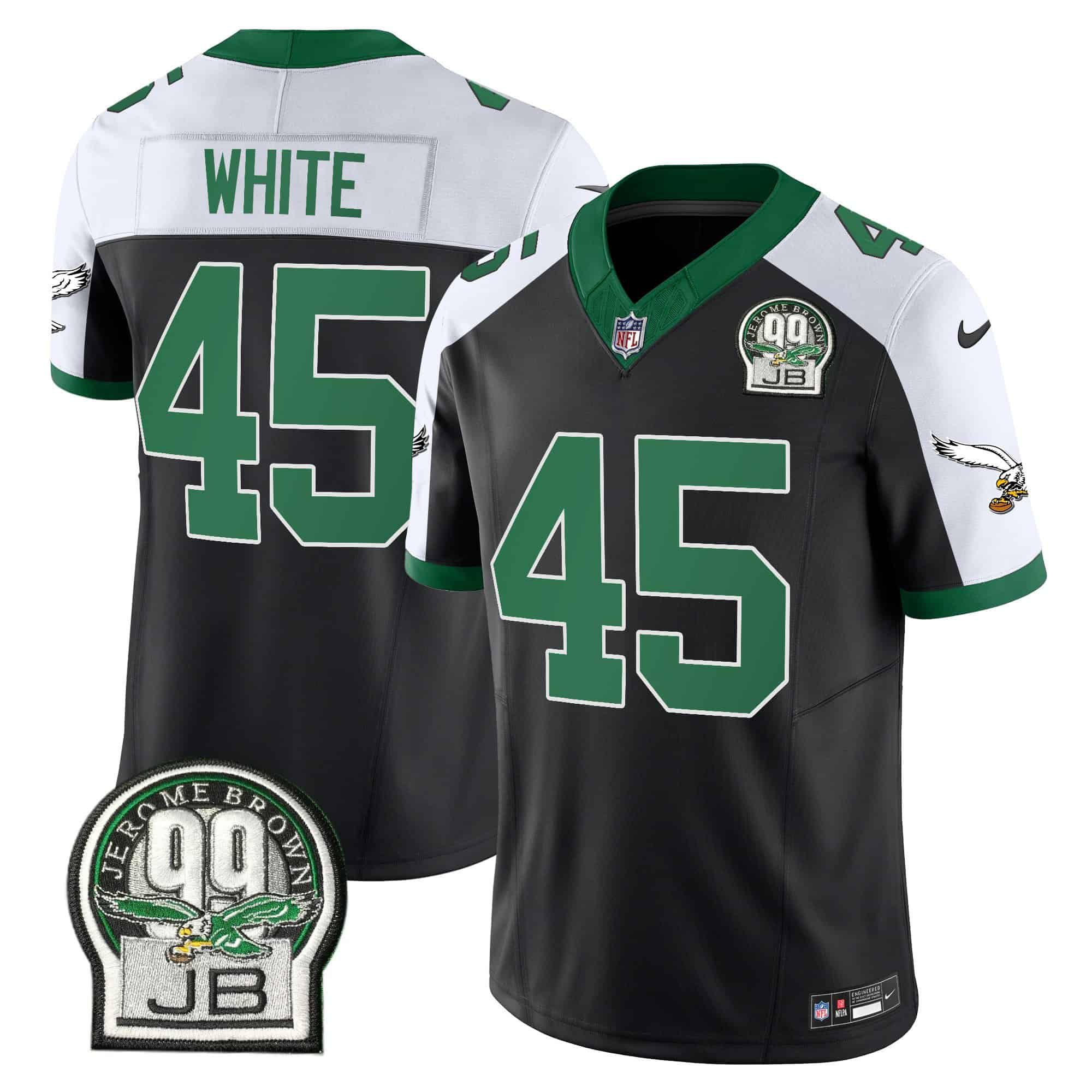 Men Philadelphia Eagles #45 White Black 2024 Nike Jerome Brown Patch Alternate Limited NFL Jersey